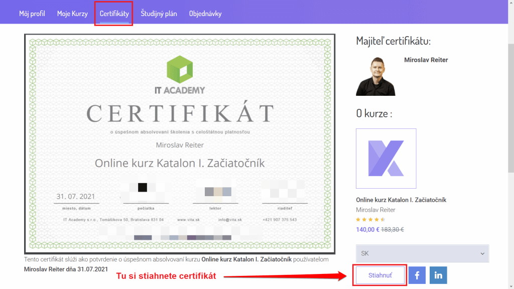Stiahnutie online certifikátu SK a EN jazyk