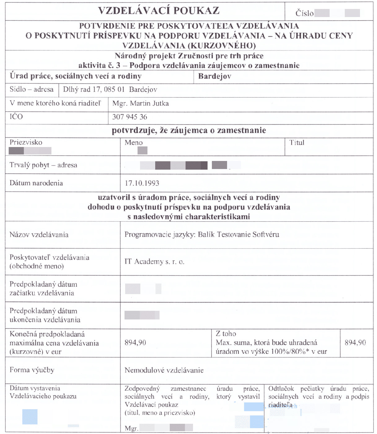 Vzdelávací poukaz Testovanie Softvéru