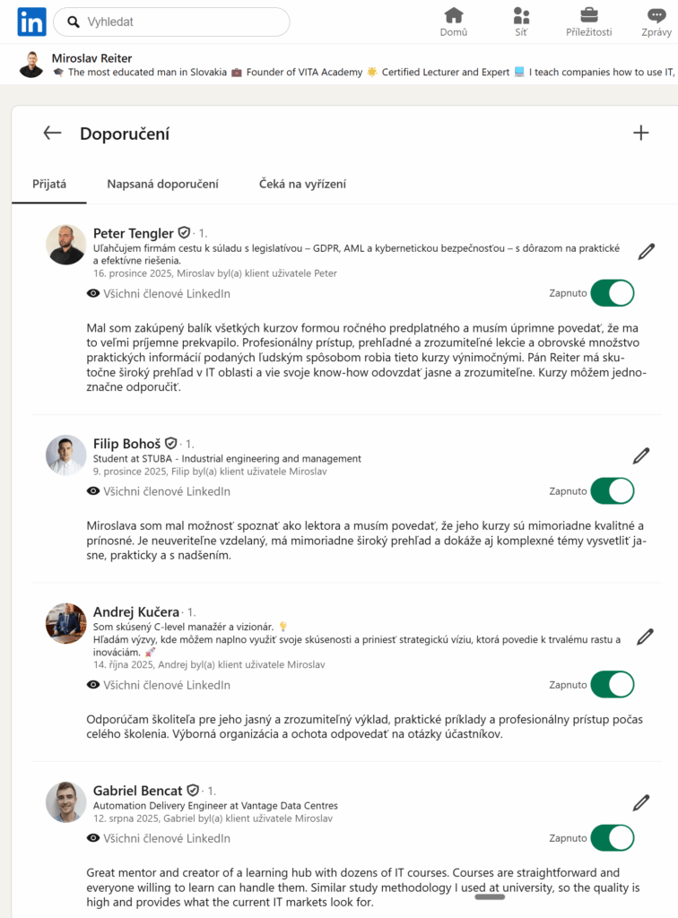 Miroslav Reiter VITA kurzy odporúčania LinkedIn