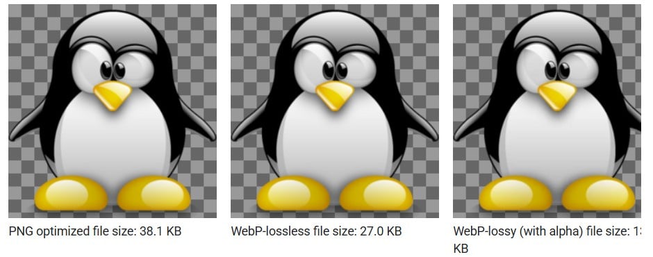Obrázok porovnanie veľkosti a kvality formátov PNG, WebP-lossles a WebP-lossy