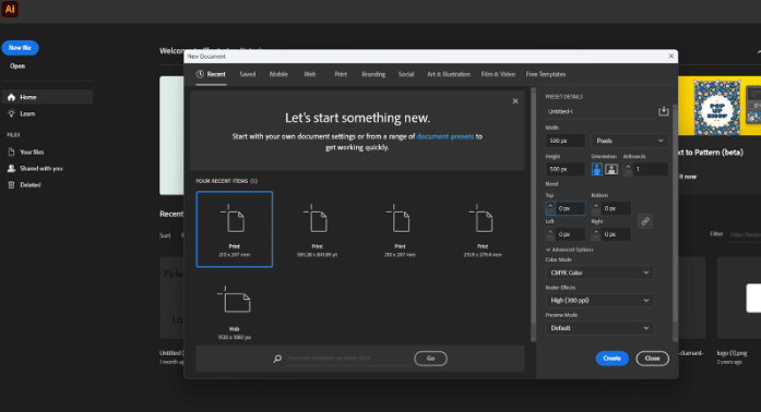 nový projekt Adobe Illustrator