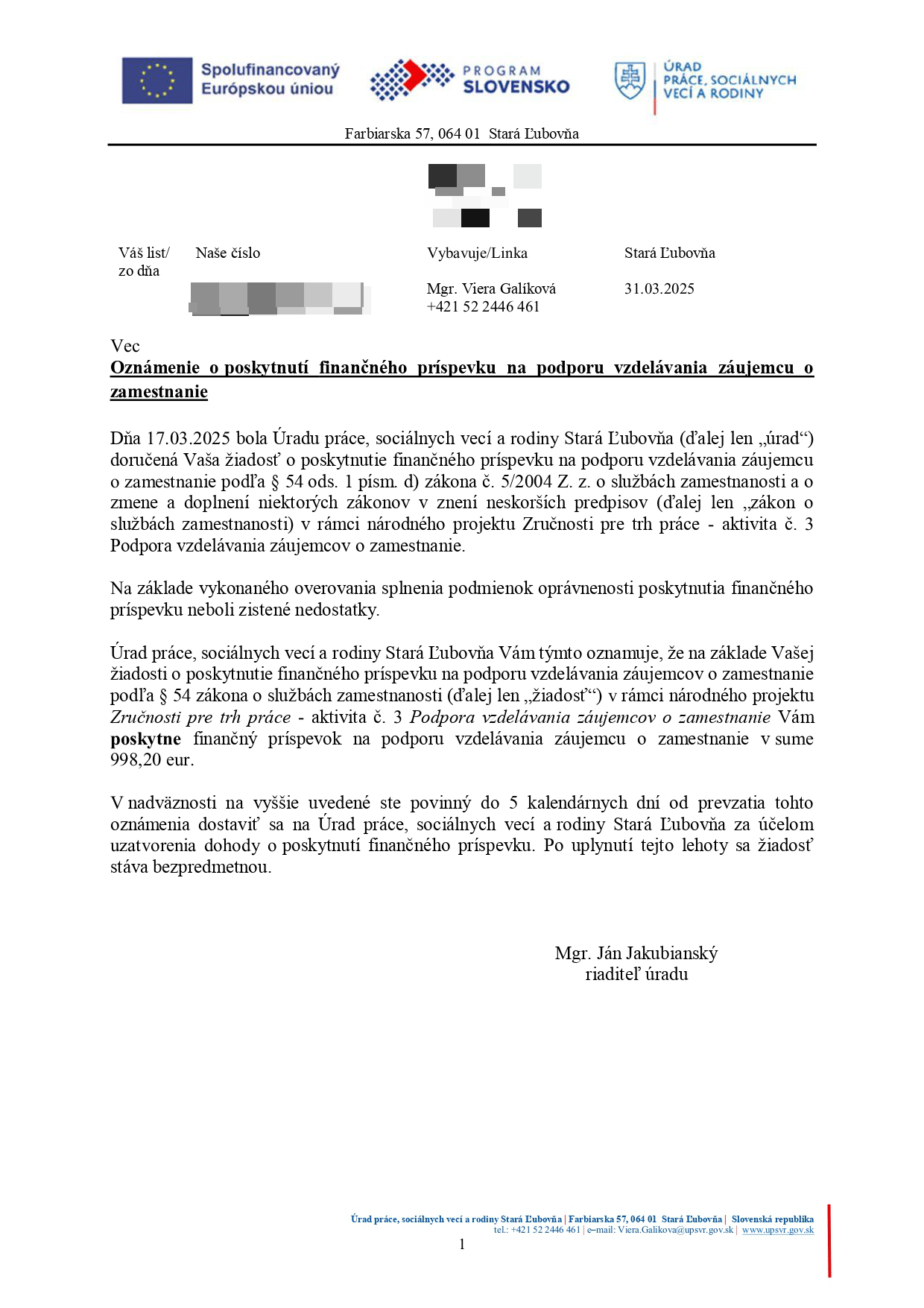 Oznámenie o poskytnutí príspevku