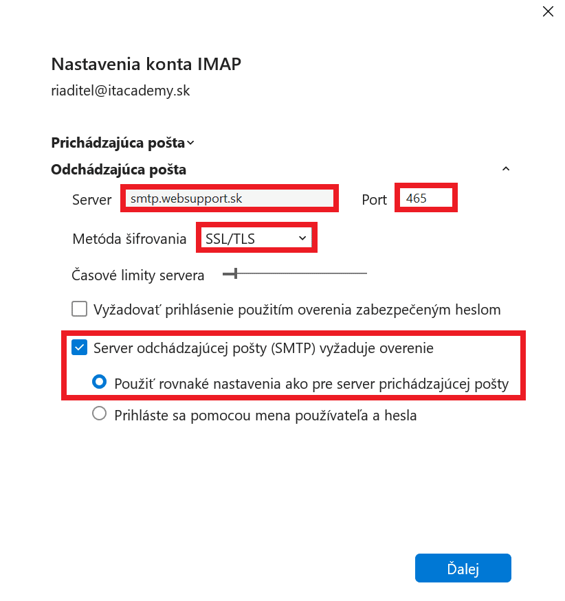 nastavenia odchádzajúca pošta smtp microsoft outlook