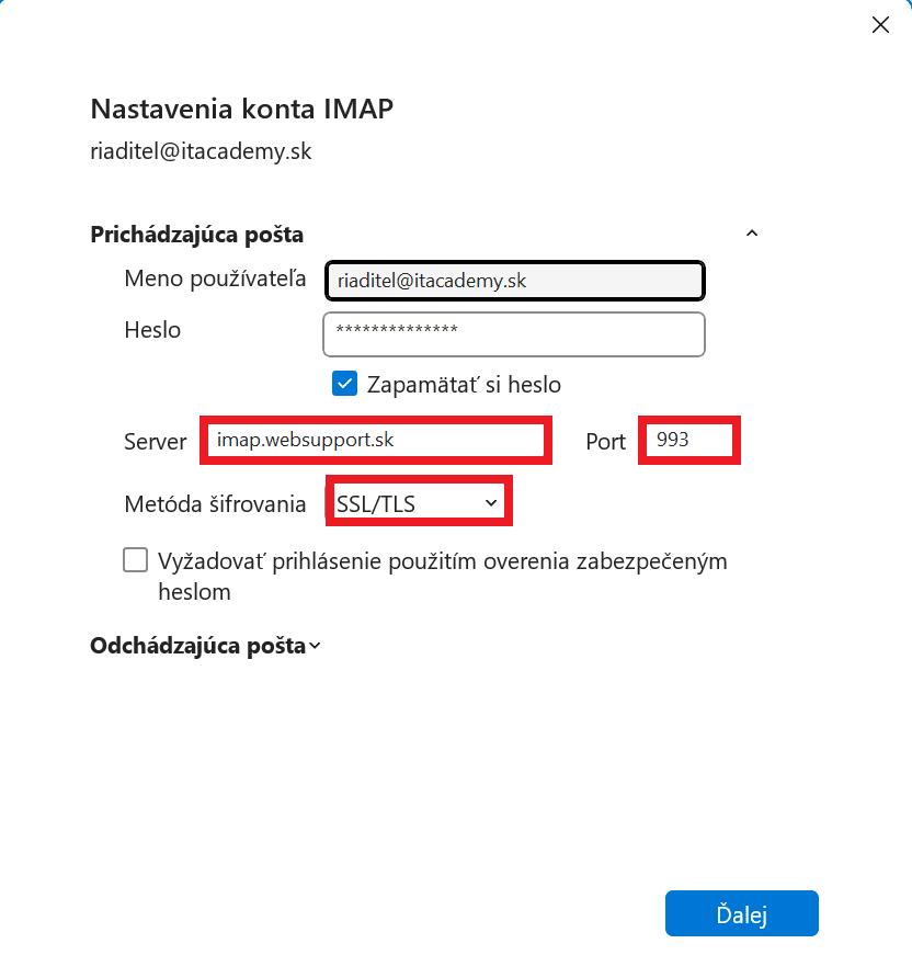 nastavenie imap prichádzajúca pošta microsoft outlook