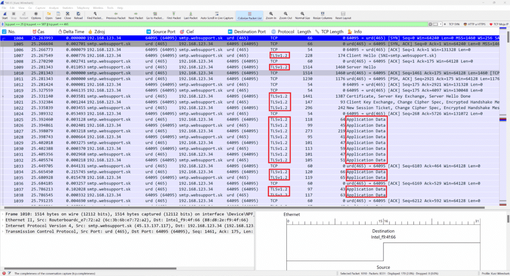 wireshark analýza emailov a siete filter smtp