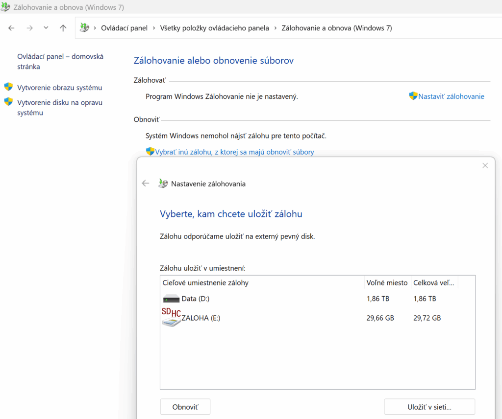 microsoft windows zálohovanie a obnova (backup and recovery)