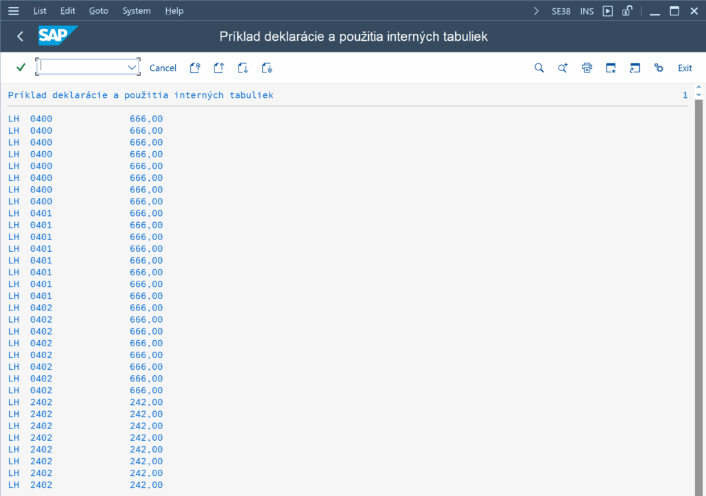 sap abap výstup výber letov tabuľka sflight