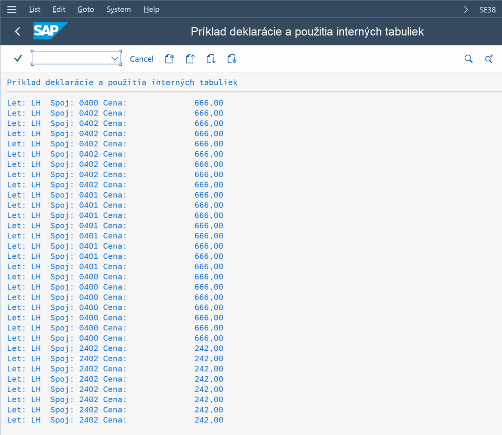sap abap výstup výber vybraných polí zoradenie cena sflight