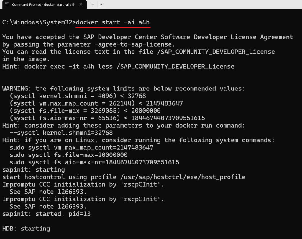spustenie docker image so sapom a4h príkaz docker start konzola cmd