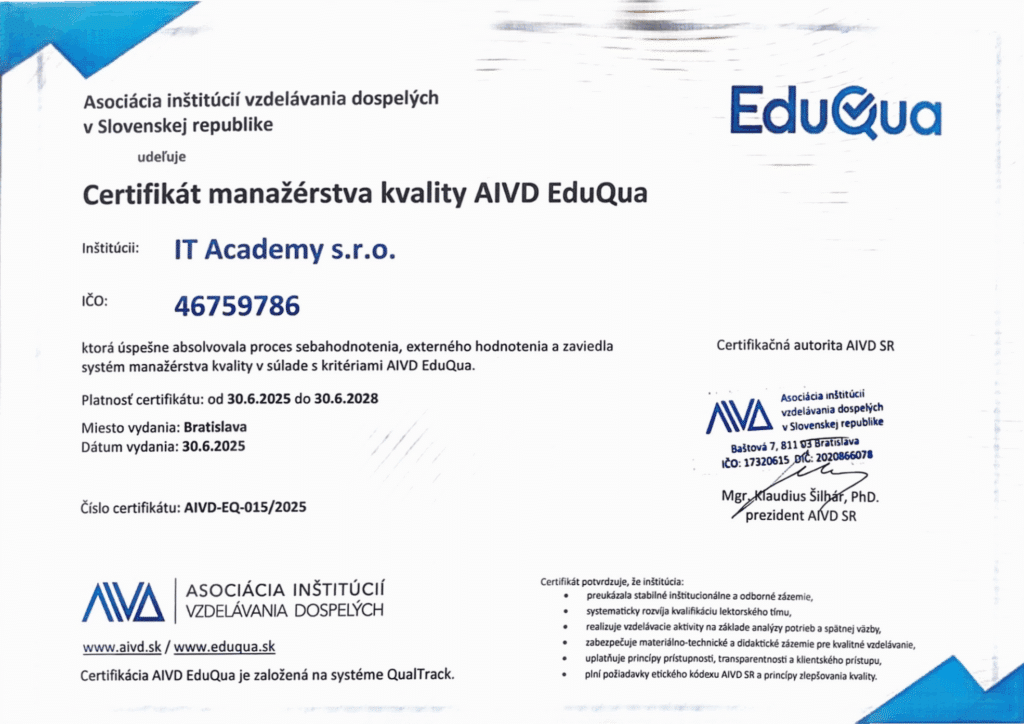 Certifikát Certificate EduQua IT Academy VITA