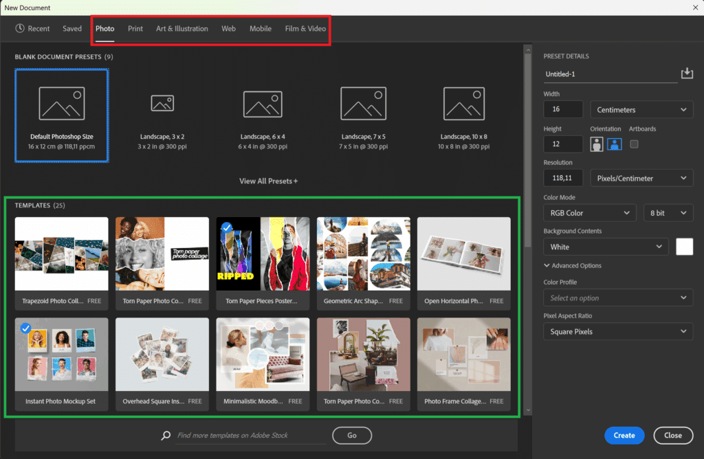 adobe photoshop dokumenty zámery intents šablóny templates