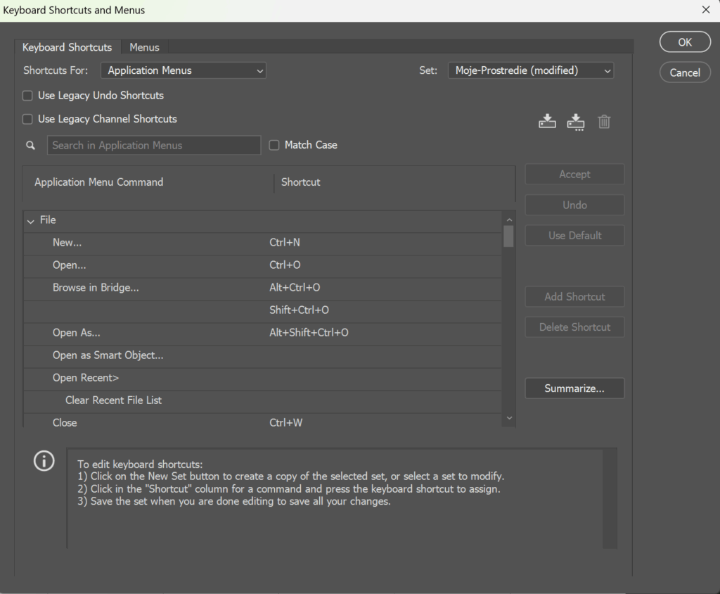 adobe photoshop klávesové skratky shortcuts