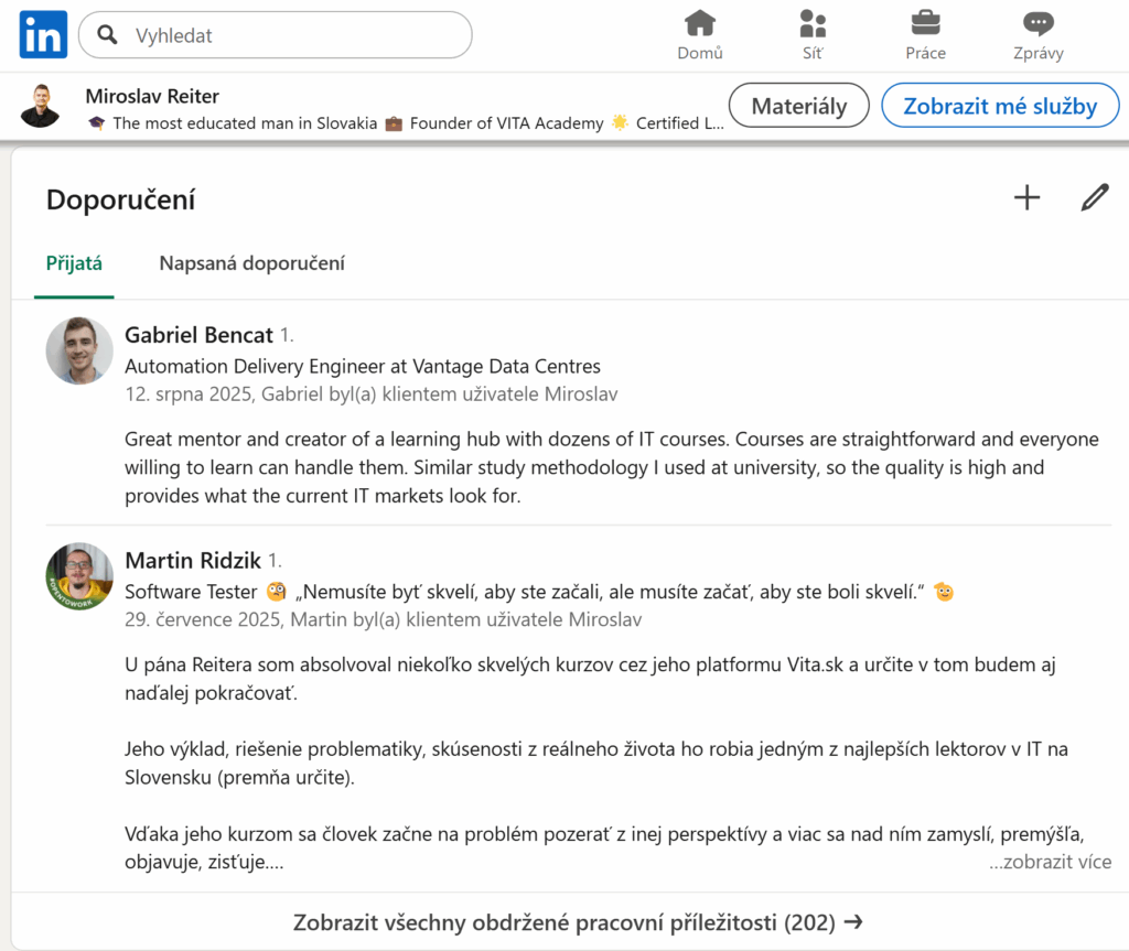 miroslav reiter lektor garant linkedin odporúčania doporučenia