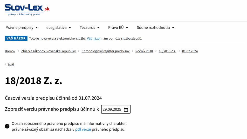 slov lex zákon 8-2018 Z.z. Zákon o ochrane osobných údajov