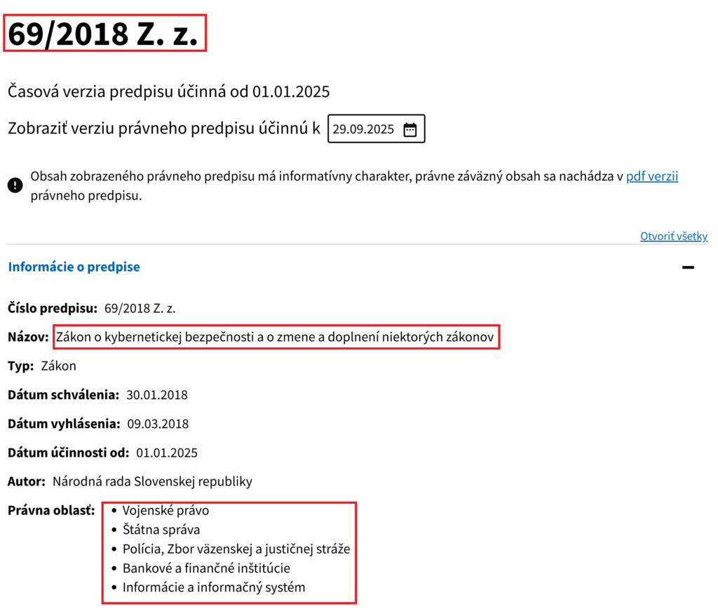 slov lex zákon 69-2018 Z.z. Zákon o kybernetickej bezpečnosti