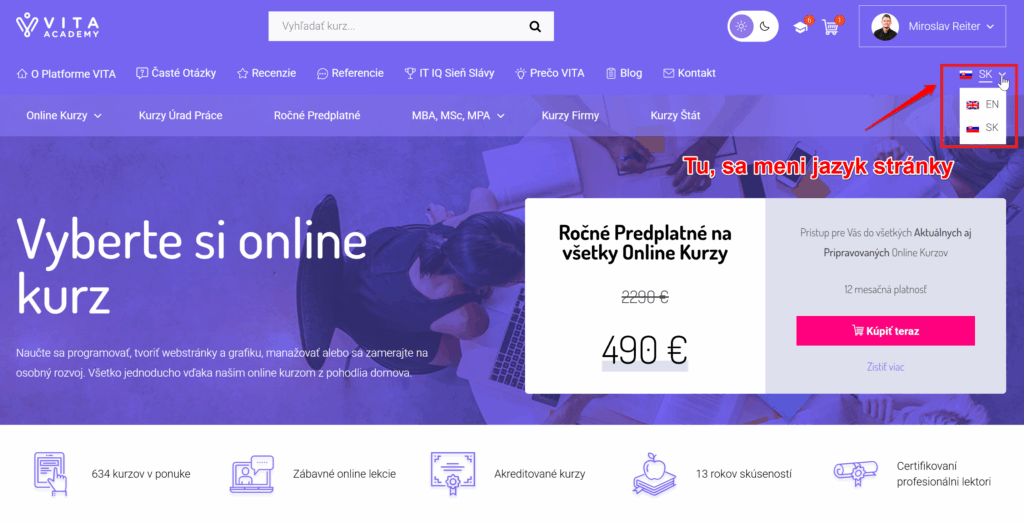 zmena jazyku webu rozhrania vita sk online kurzy školenia