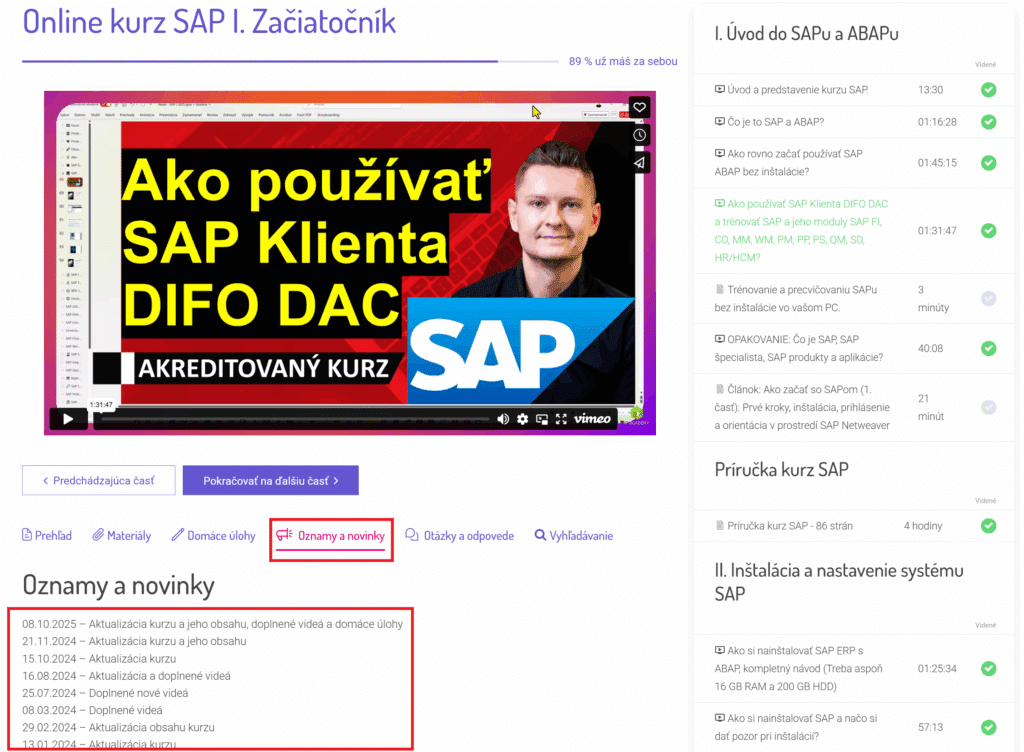 aktualizácia online kurz oznamy a novinky