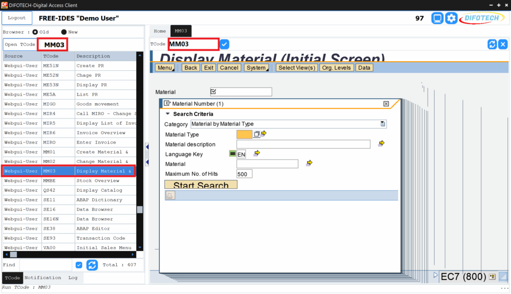 SAP transakcia MM03 zobrazenie informácií o materiály alebo tovare