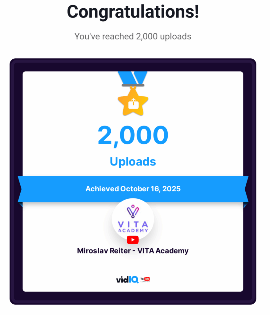 Míľnik YouTube kanále Miroslav Reiter – VITA Academy 2000 videí na youtube