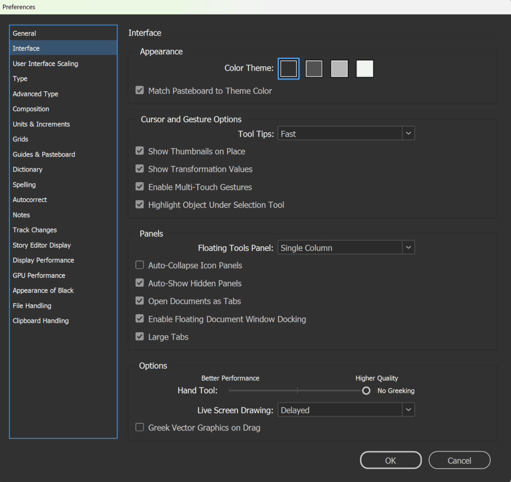 Adobe InDesign nastavenia programu