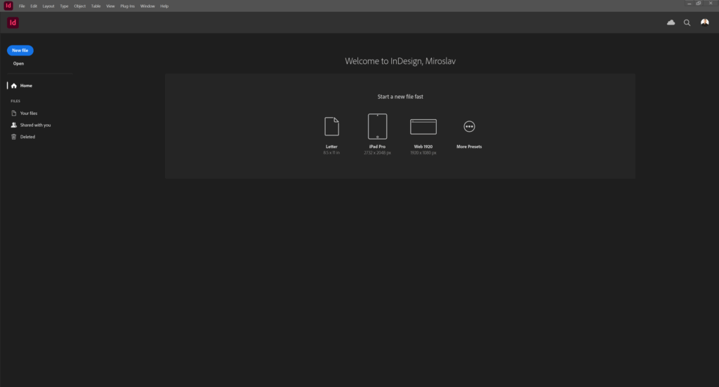 Adobe InDesign welcome screen úvodná obrazovka