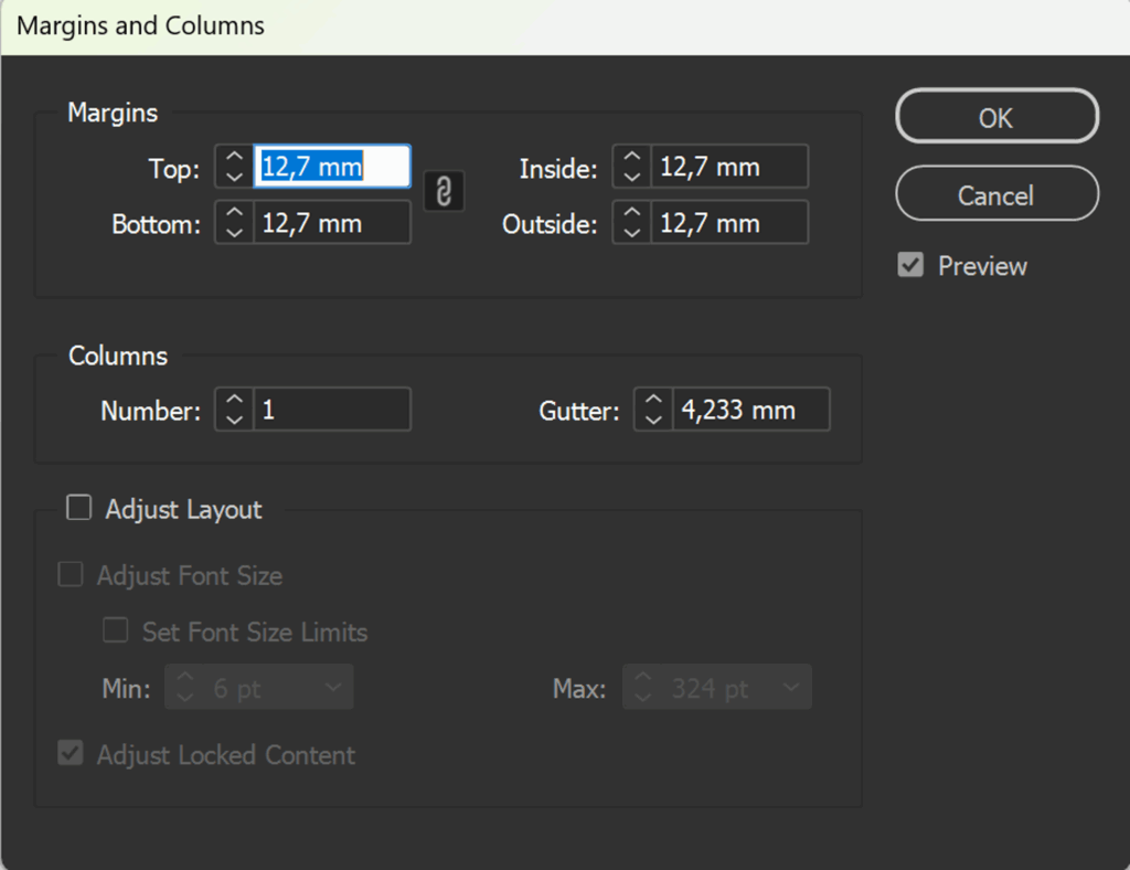 Adobe InDesign okraje a stĺpce margins columns