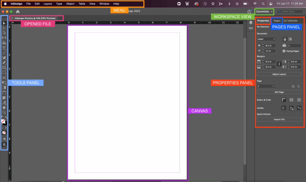 Adobe InDesign UI mac používateľské rozhranie