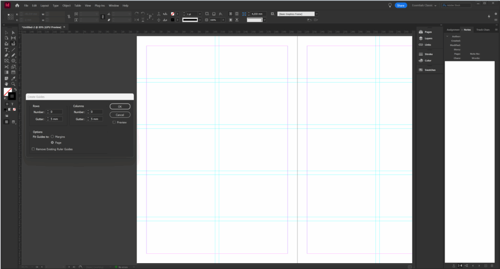 Adobe InDesign vodiace pomocné čiary create guides
