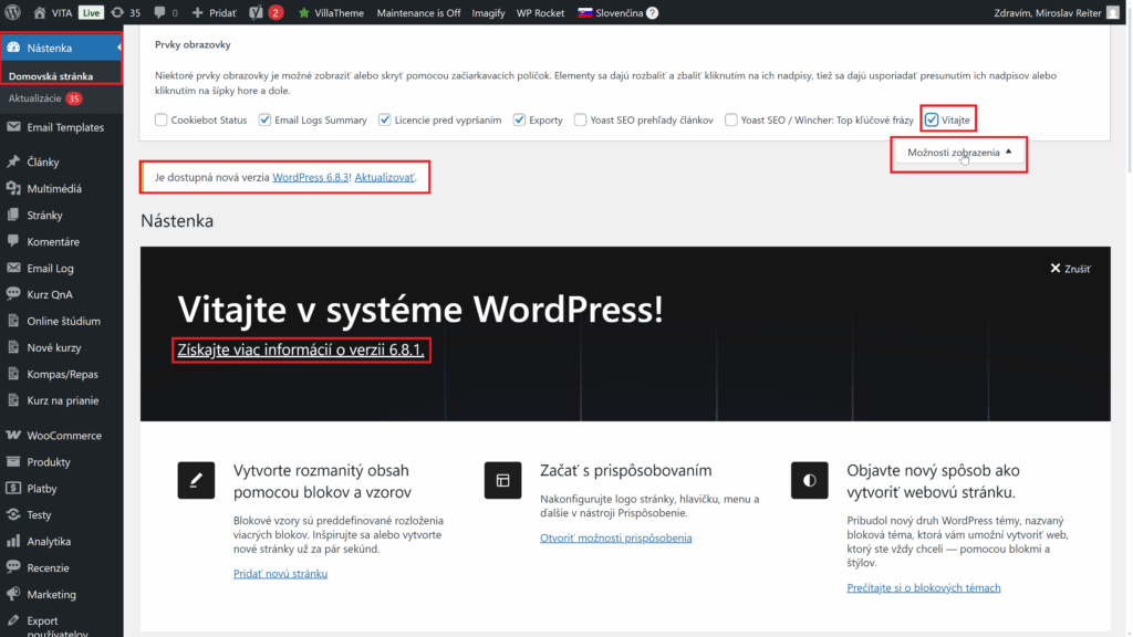 nástenka dashboard wordpress domovská stránka aktuálna verzia web a aktualizácia