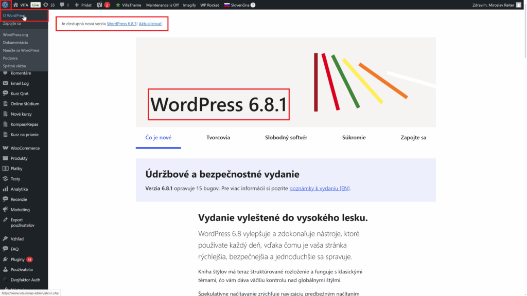 o wordpress about aktuálna verzia web a aktualizácia