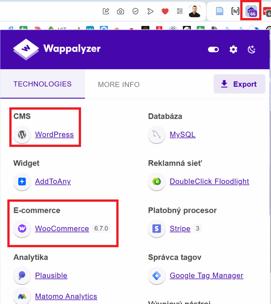 wappalyzer technologický profil verzia wordpress woocommerce