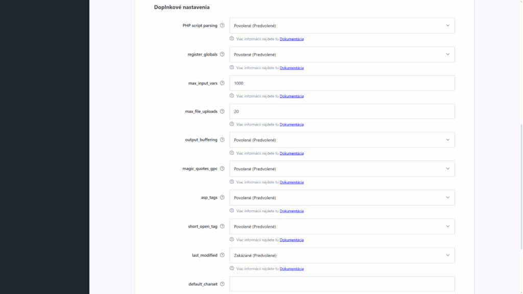 web websupport php doplnkové nastavenia