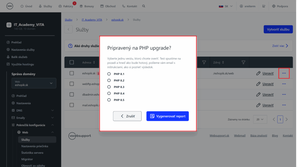 web websupport php upgrade zvýšenie verzie php test report