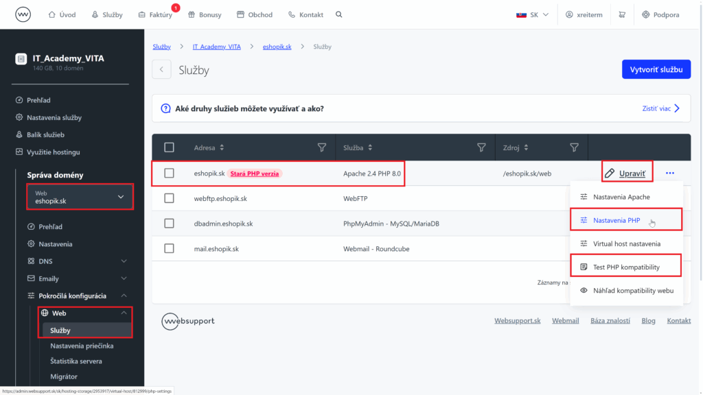 web websupport verzia php nastavenia php