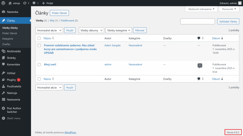 wordpress verzia pätička footer backend