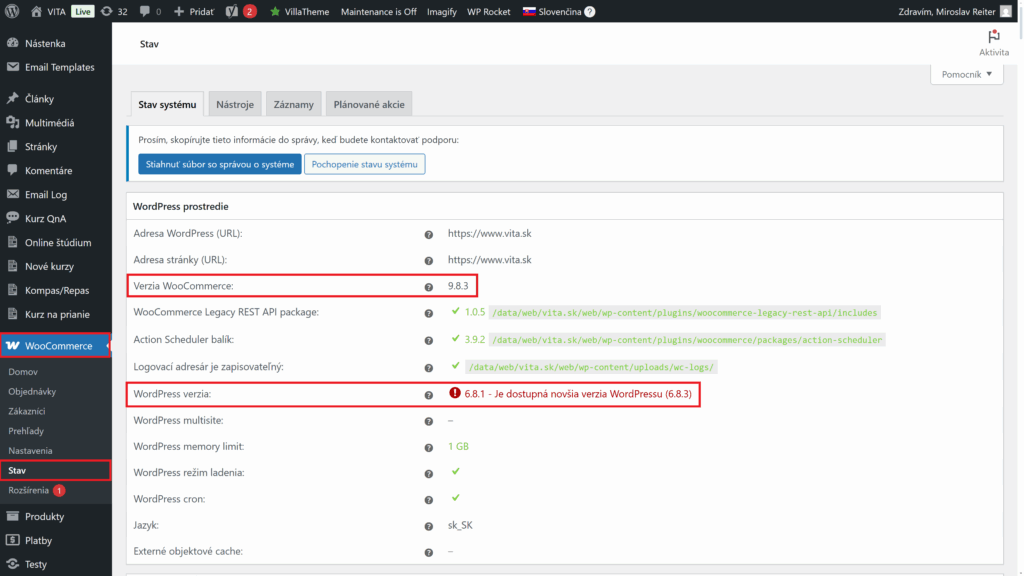 wordpress verzia woocommerce verzia stav