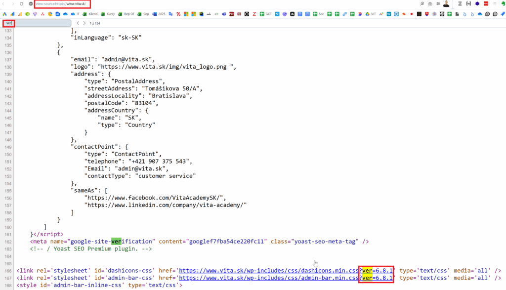 wordpress verzia zdrojový kód stránky