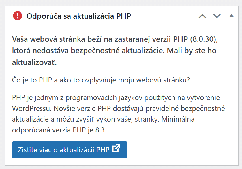 wordpress web eshop odporúča sa aktualizácia php