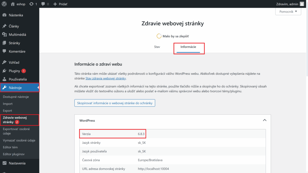 zdravie webovej stránky wordpress verzia