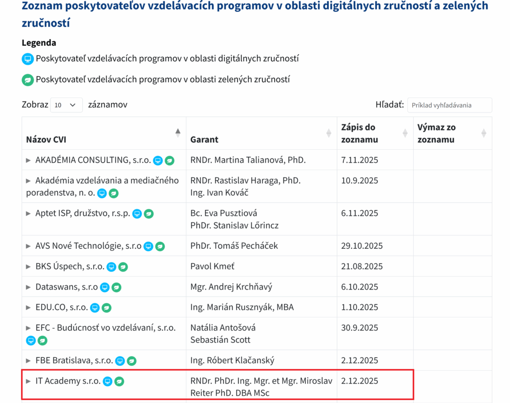 zoznam poskytovateľov vzdelávacích programov digitálne a zelené zručnosti