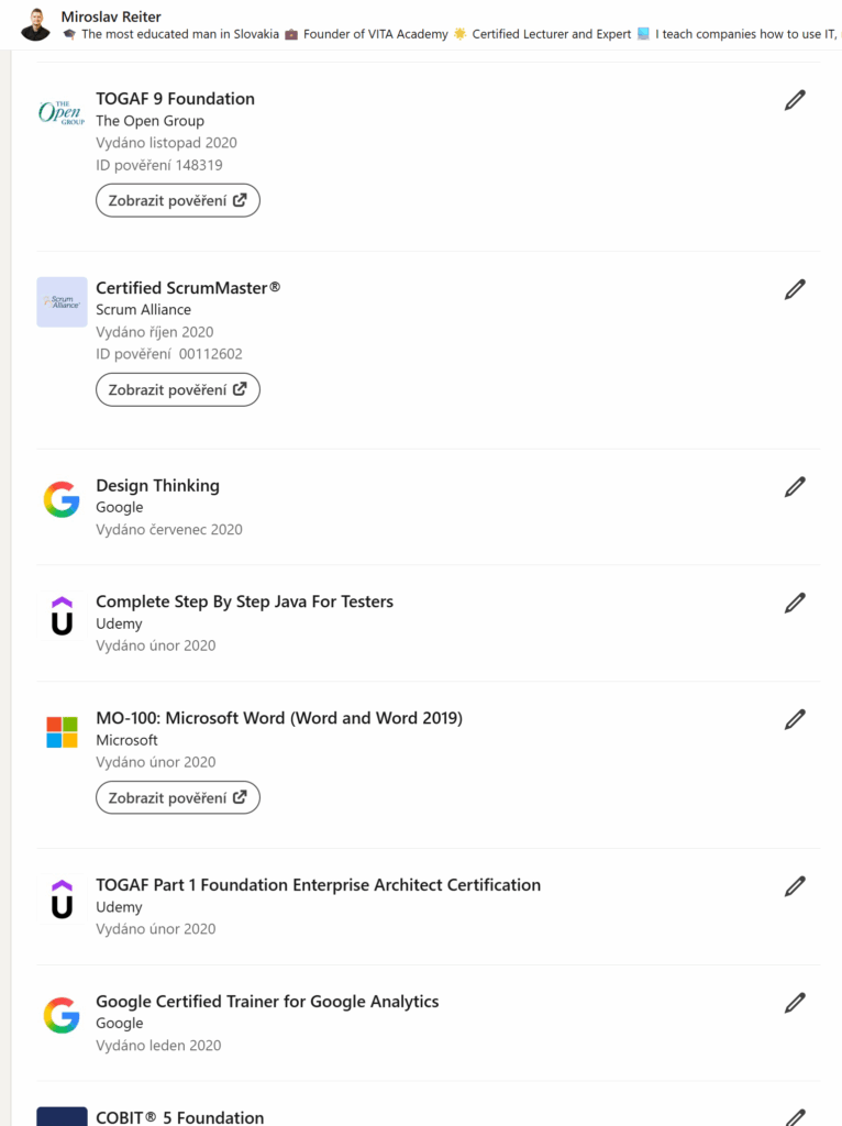 Miroslav reiter certifikácie certifikáty