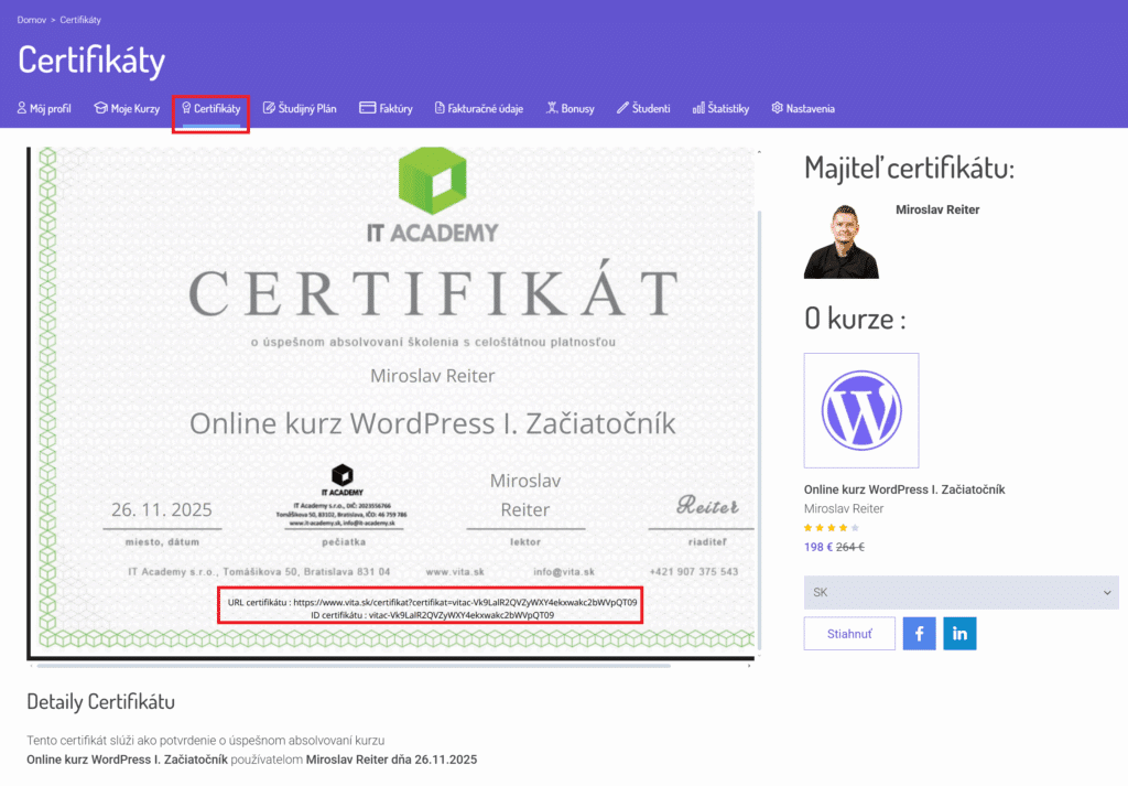 VITA ako a kde si overiť platnosť certifikátu k online kurzom
