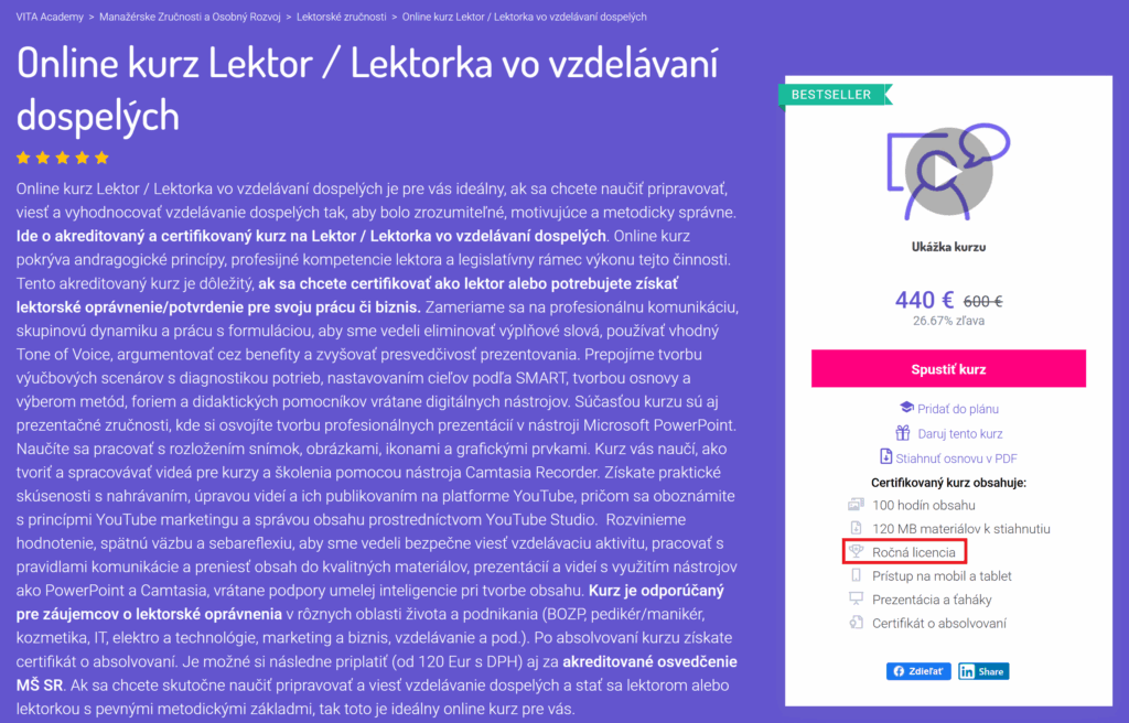VITA online kurzy ročná licencia