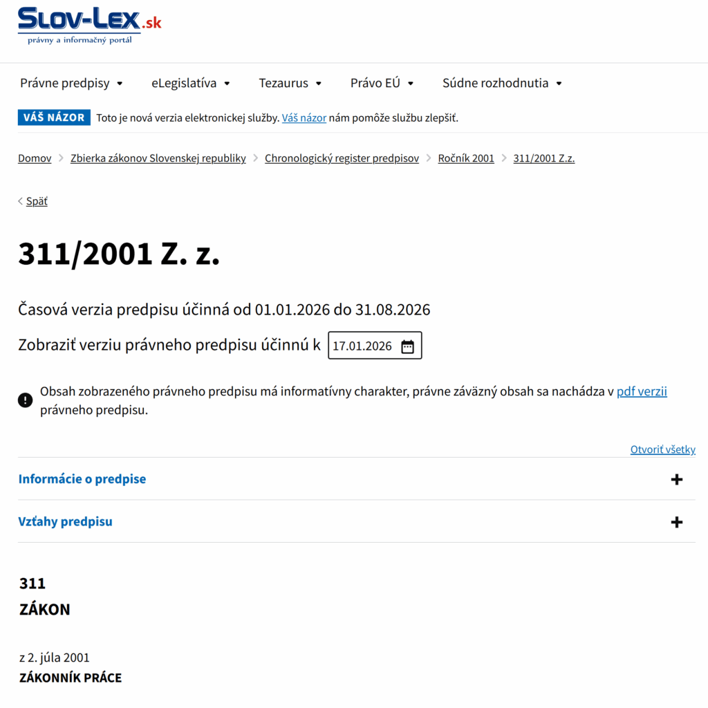 zákonník práce zákon 311/2001 Z.z.