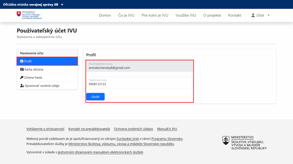 registrácia IVU portál vzdelávam sa ako občan proces účet nastavenia profil telefónne číslo