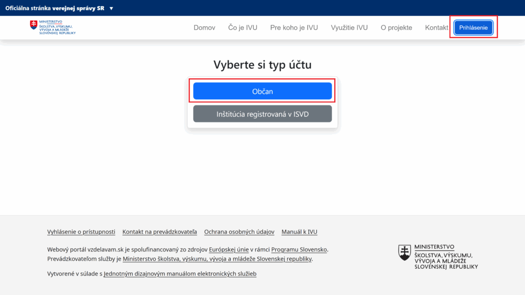 registrácia IVU portál vzdelávam sa ako občan proces vyber typu účtu