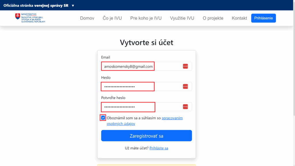 registrácia IVU portál vzdelávam sa ako občan proces vytvorenie účtu