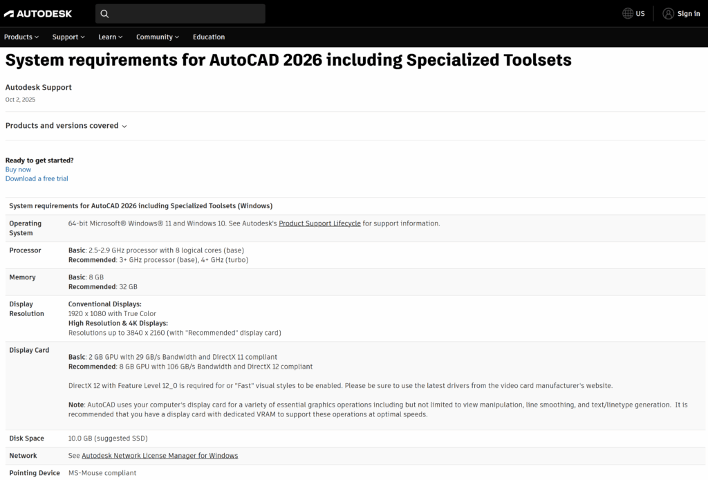 AutoCAD Autodesk systémové požiadavky system requirements