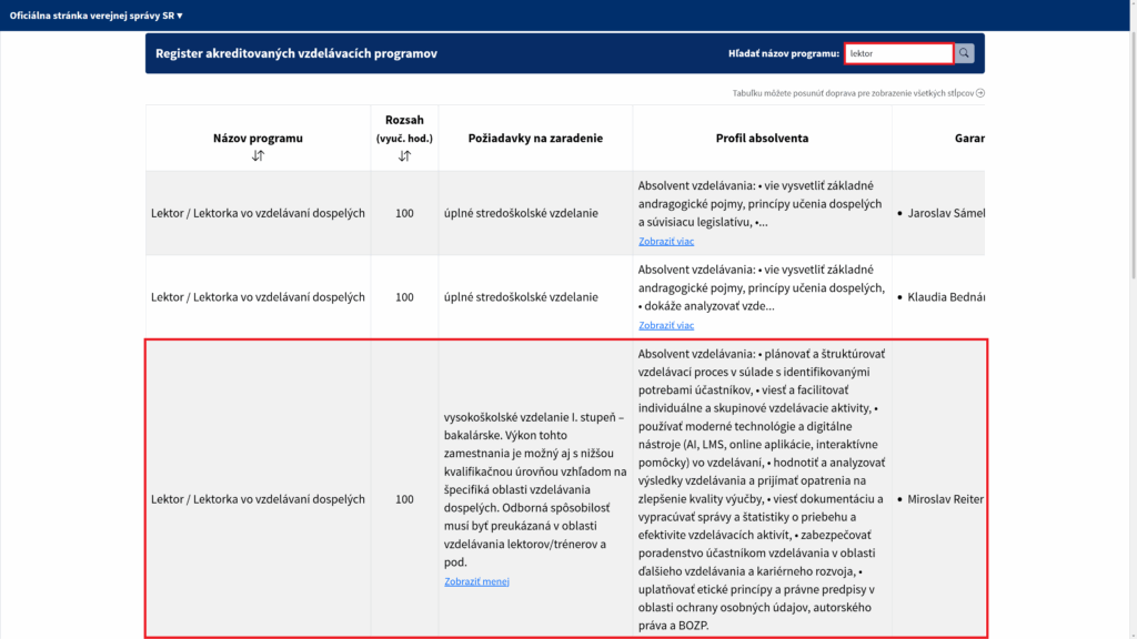 akreditovaný program lektor lektorka