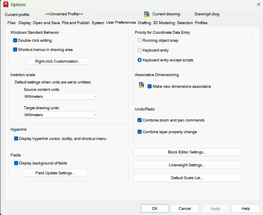 AutoCAD Autodesk nastavenie options